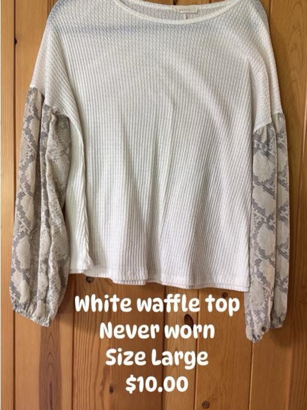 White Waffle Knit Top with Snake-Print Sleeves